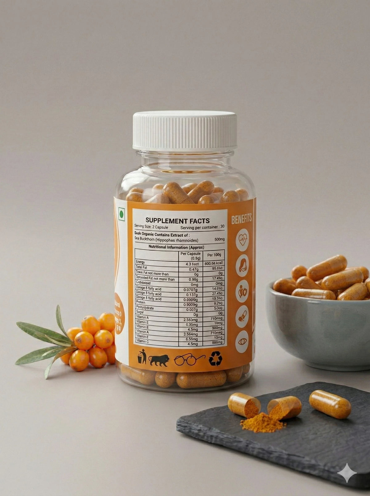 NestVeda Sea Buckthorn Capsules 500 mg | Omega-Rich Nutraceutical Supplement | 60 Capsules
