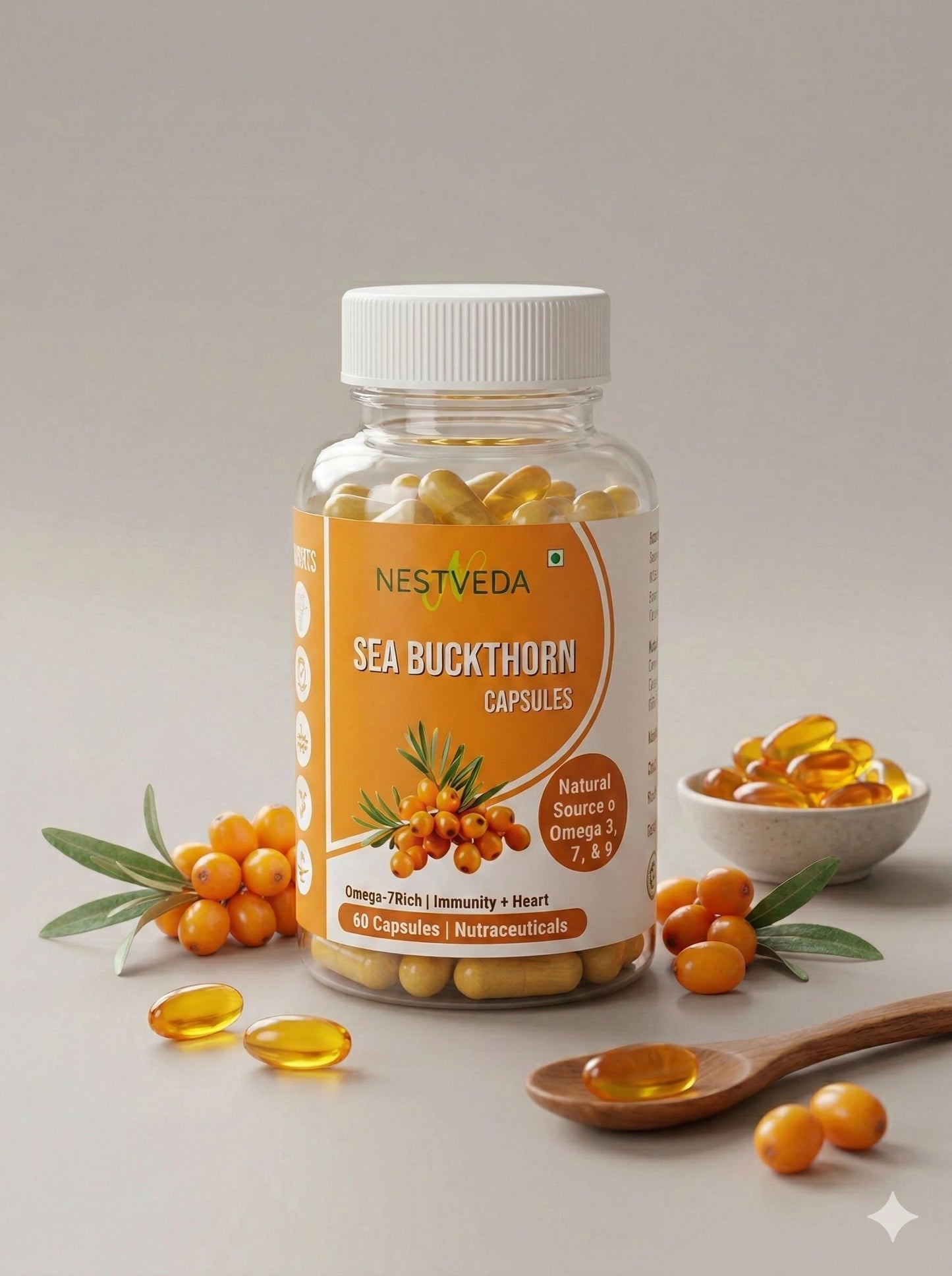 NestVeda Sea Buckthorn Capsules 500 mg | Omega-Rich Nutraceutical Supplement | 60 Capsules