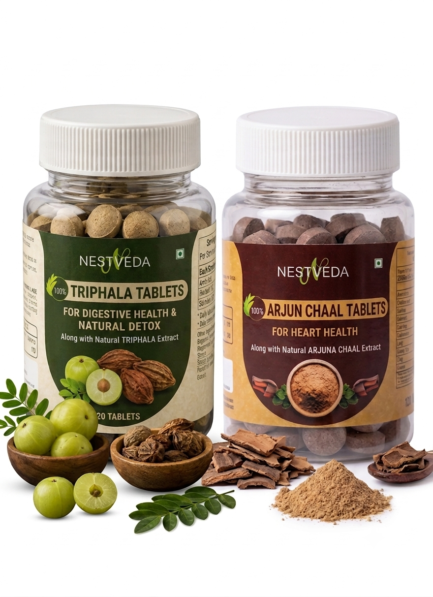 NESTVEDA Triphala and Arjun Chaal 120 Tablet | Herbal Formula for Heart Health, Digestion & Daily Wellness |