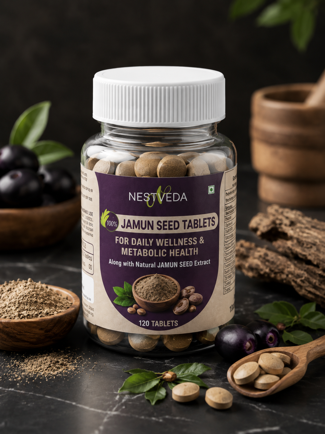 NestVeda 100% Pure Jamun Seed Tablets 500 mg | Daily Wellness & Metabolic Health Support | Ayurvedic Herbal Supplement | 120 Tablets