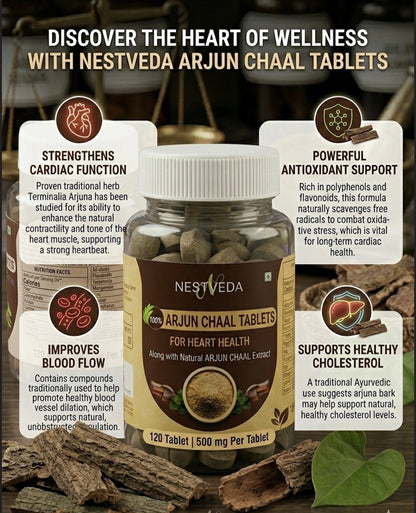 NestVeda 100% Pure Arjuna Chaal Tablets 500 mg | Heart Health & Circulation Support | Ayurvedic Herbal Supplement | 120 Tablets