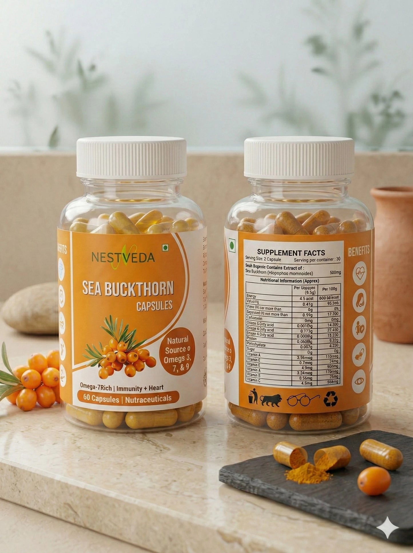 NestVeda Sea Buckthorn Capsules 500 mg | Omega-Rich Nutraceutical Supplement | 60 Capsules