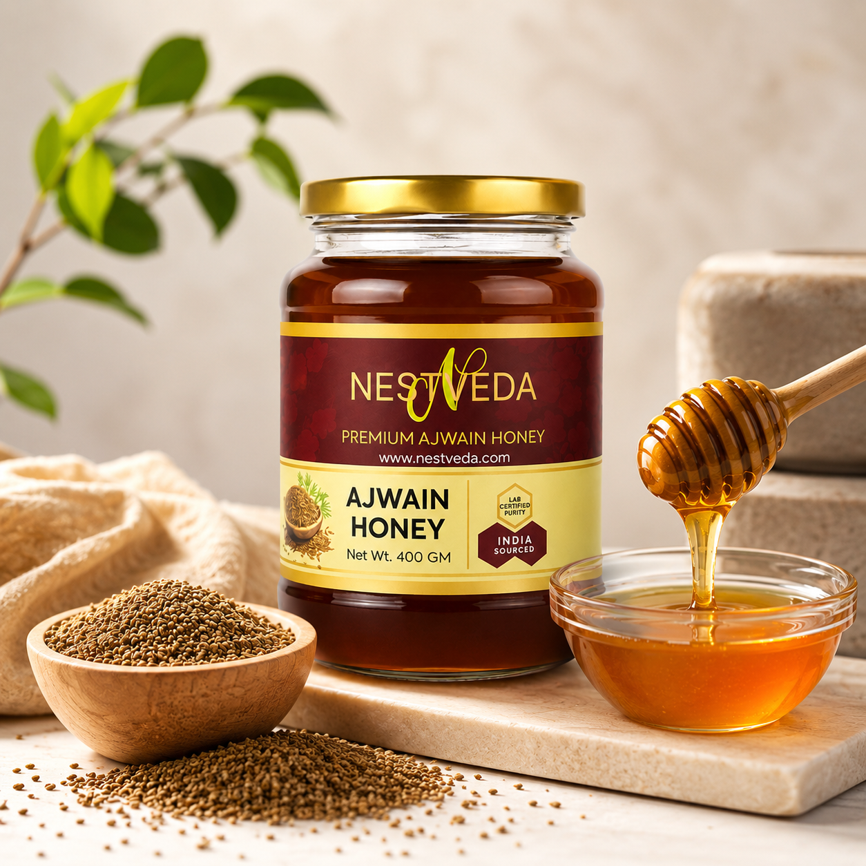 NESTVEDA Ajwain Honey | Raw Natural Honey Infused with Ajwain