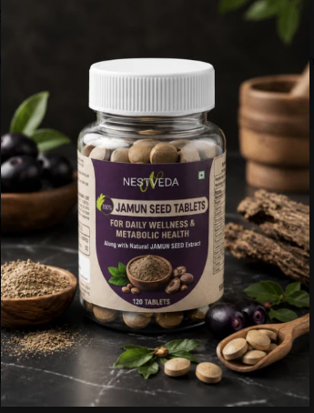 NestVeda 100% Pure Jamun Seed Tablets 500 mg | Daily Wellness & Metabolic Health Support | Ayurvedic Herbal Supplement | 120 Tablets
