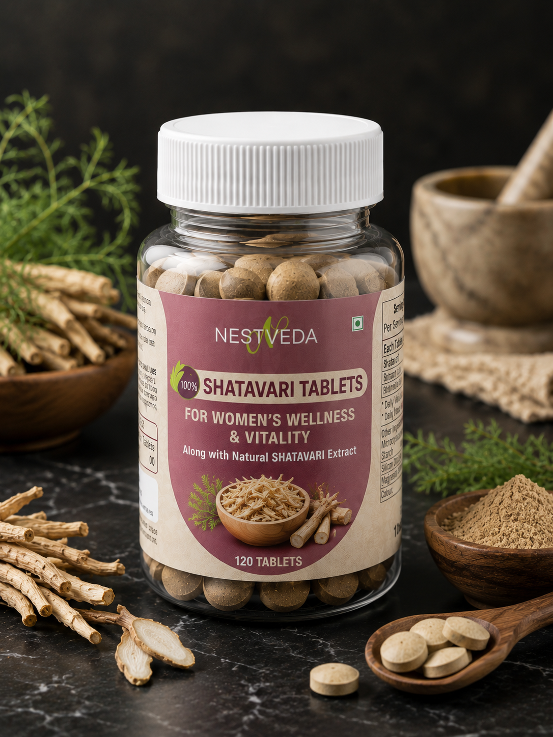 NestVeda 100% Pure Shatavari Tablets 500 mg | Women's Wellness & Vitality Support | Ayurvedic Herbal Supplement | 120 Tablets