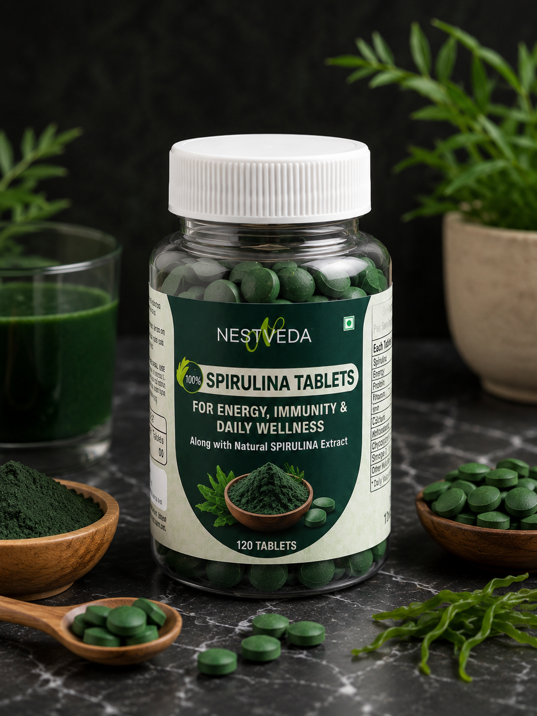 NestVeda 100% Pure Spirulina Tablets 500 mg | Energy, Immunity & Daily Wellness Support | Natural Superfood Supplement | 120 Tablets